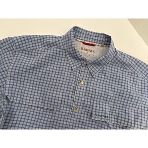 Simms Men's Blue Plaid Checked Short Sleeve Vented Fishing Shirt, Size XL